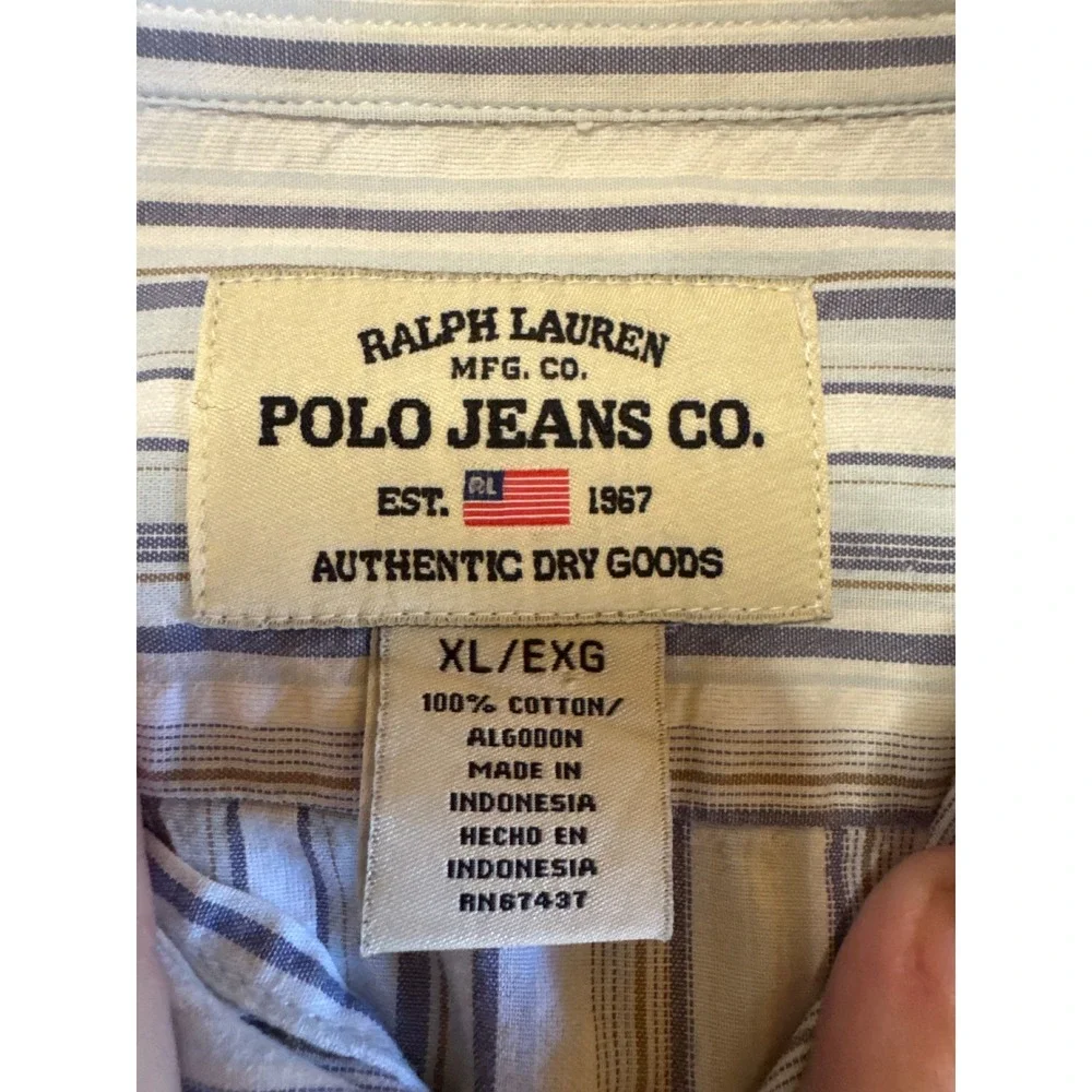 Polo Jeans Co Ralph Lauren Striped Button Down Shirt Blue Tan White XL Vintage